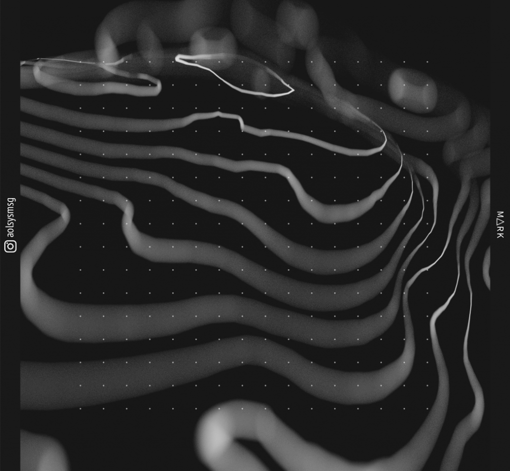 Abstract topological mountain with decorative dots overlaying it.